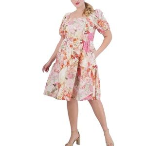 Vince Camuto Printed Cotton Square-Neck Puff-Sleeve Dress Size 22W NEW Feminine